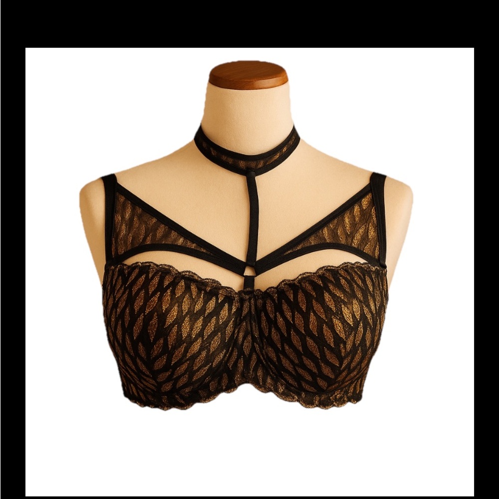 Figleaves Curve 48DD Black & Gold Underwire Bra w/ Collar Strap